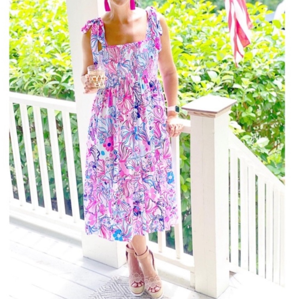 Lilly Pulitzer Rivera Midi Dress Size Large Flawless Resort Chic Smocked Bodice